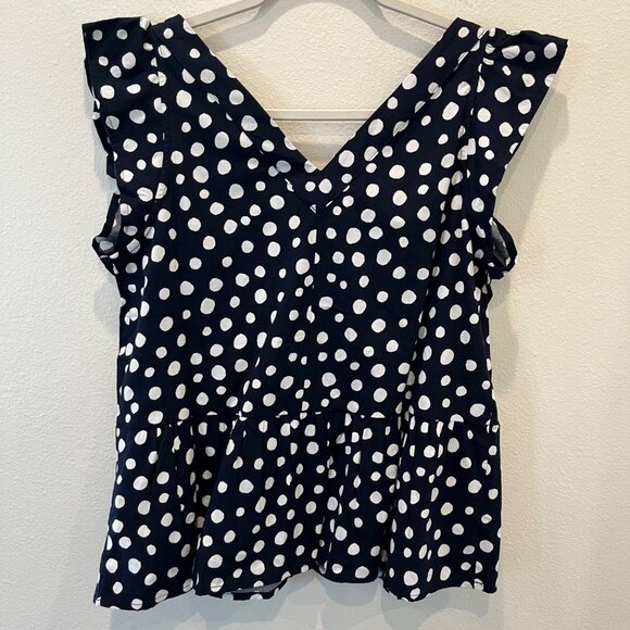 NWT Loft Navy Polka Dot Blouse Peplum Flutter Sleeves Women’s Top Size Medium - Picture 11 of 13